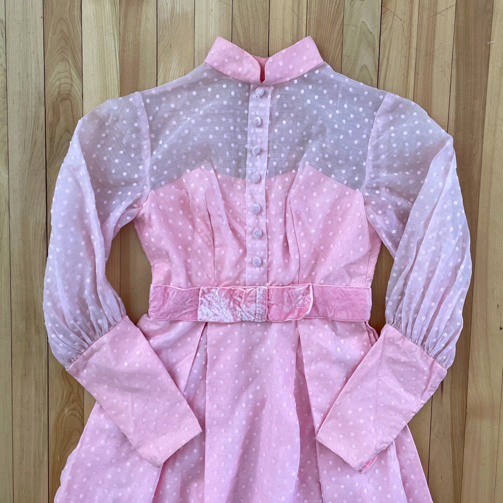 Vintage 1960s David E. Rea Pink Polka Dot Maxi Dress with Sheer Sleeves & a Bow